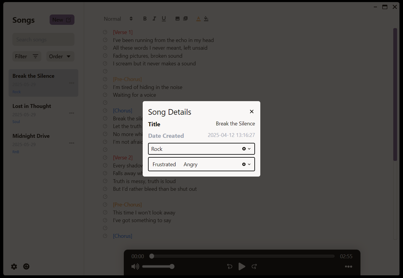 LyriNote Song Details
